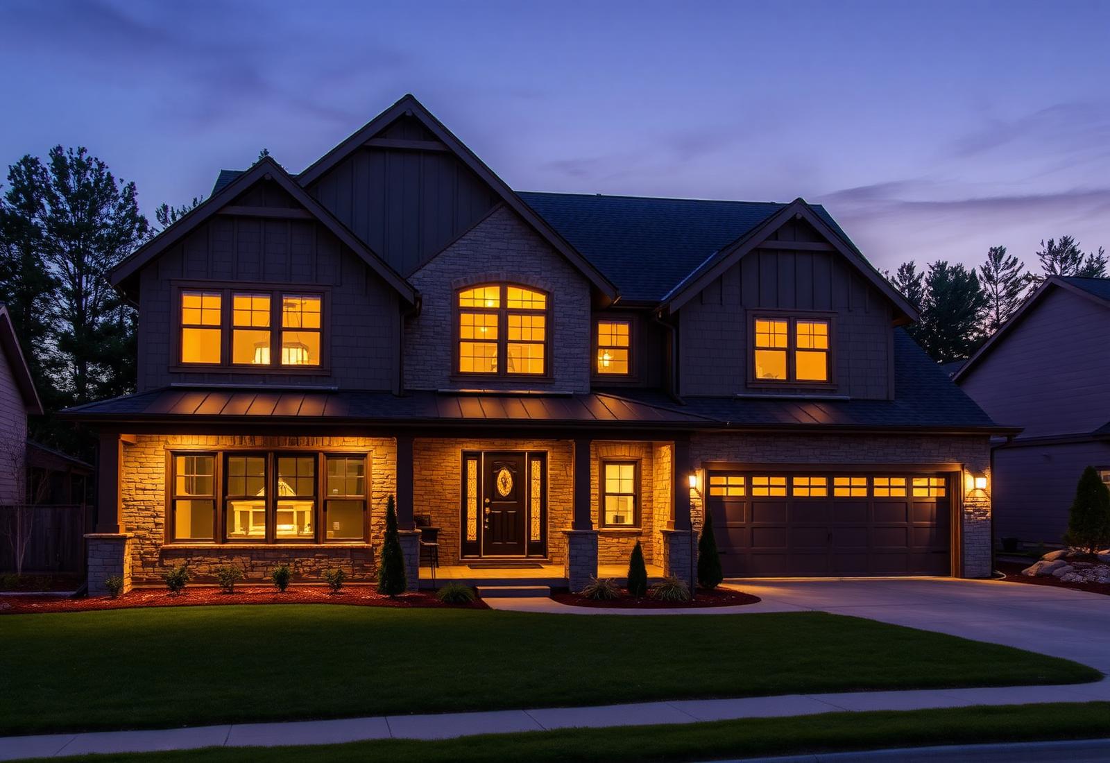 Newly built custom home at dusk with warm interior lighting