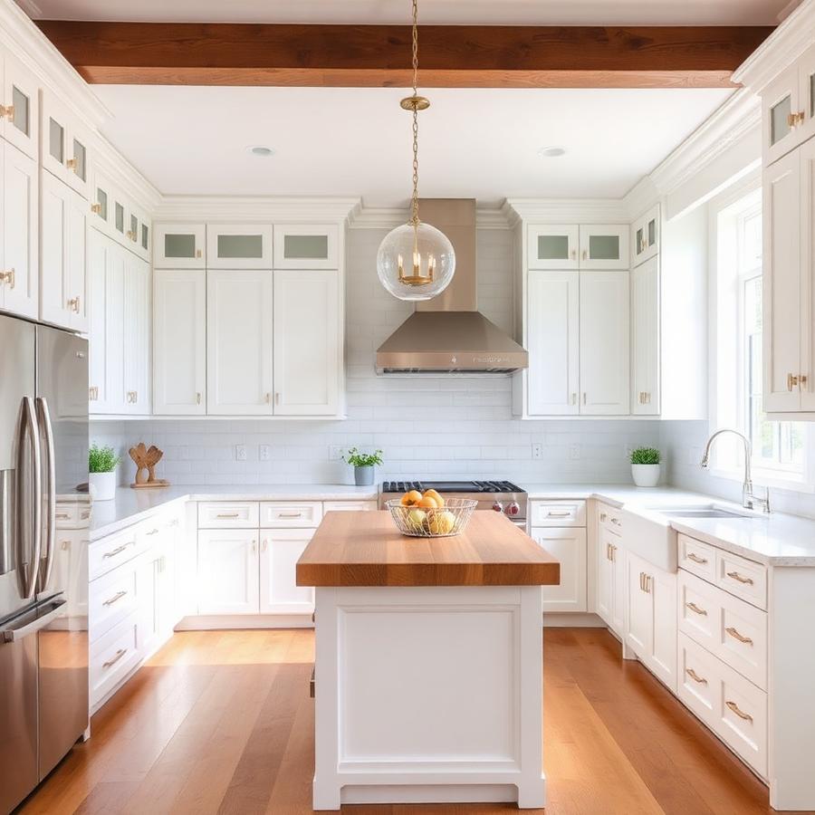 Remodeled kitchen with white cabinets and a wood island