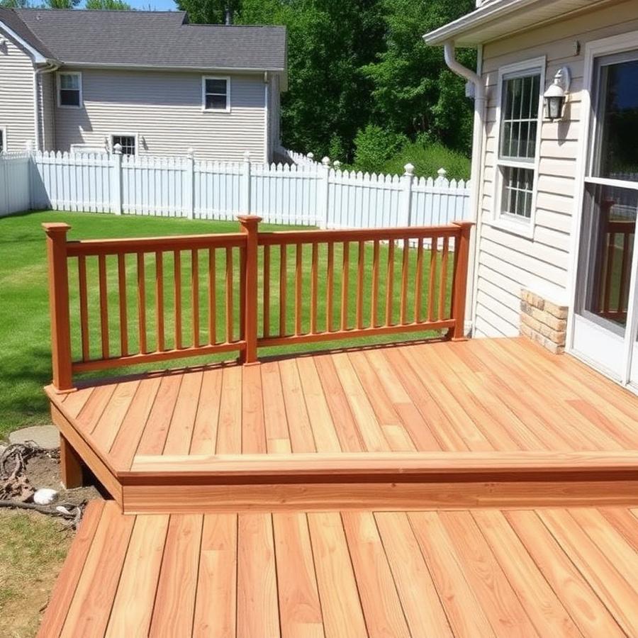 Newly built wooden backyard deck with railing