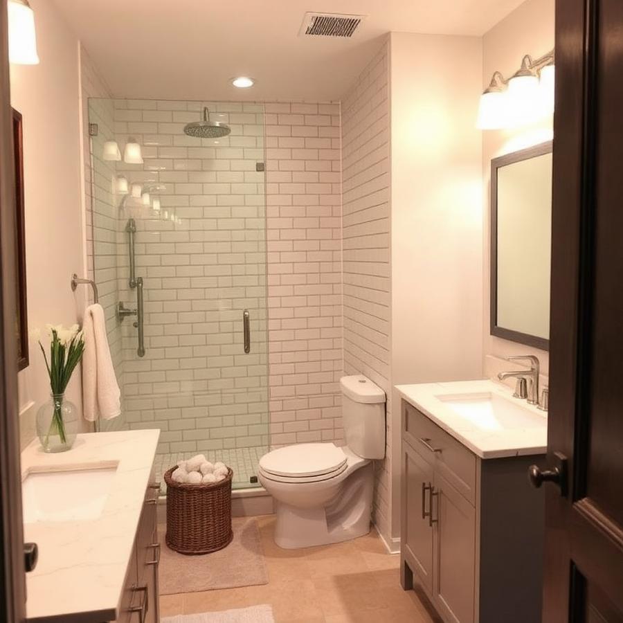 Remodeled bathroom with subway tile shower and new vanity