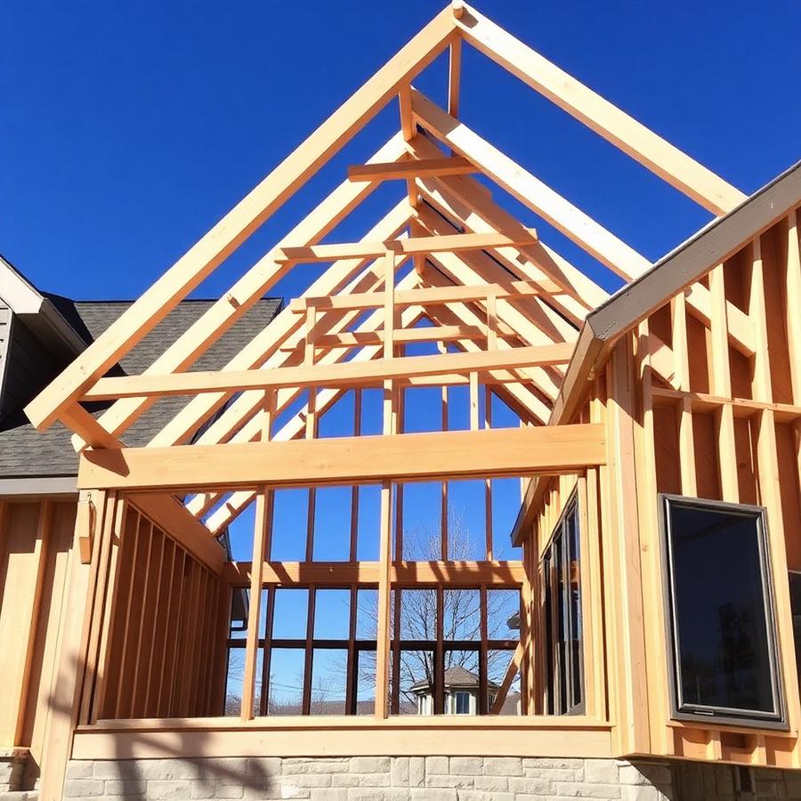 Home addition under construction with new framing and trusses